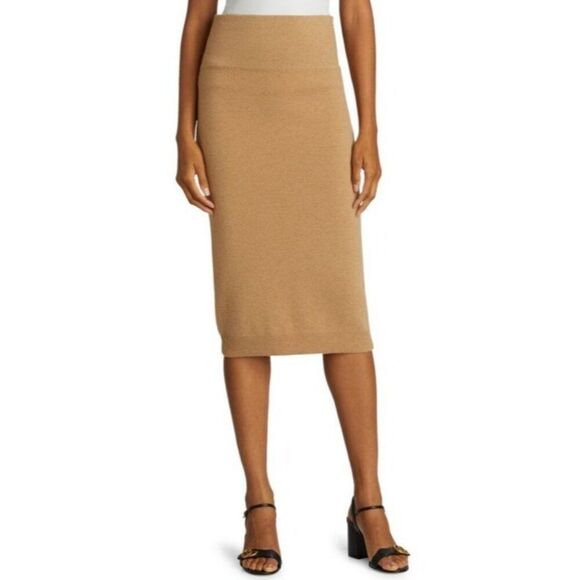NWT SAKS FIFTH AVENUE Cashmere Skirt M Pencil Midi Pull On Camel Sweater Knit - Picture 1 of 6